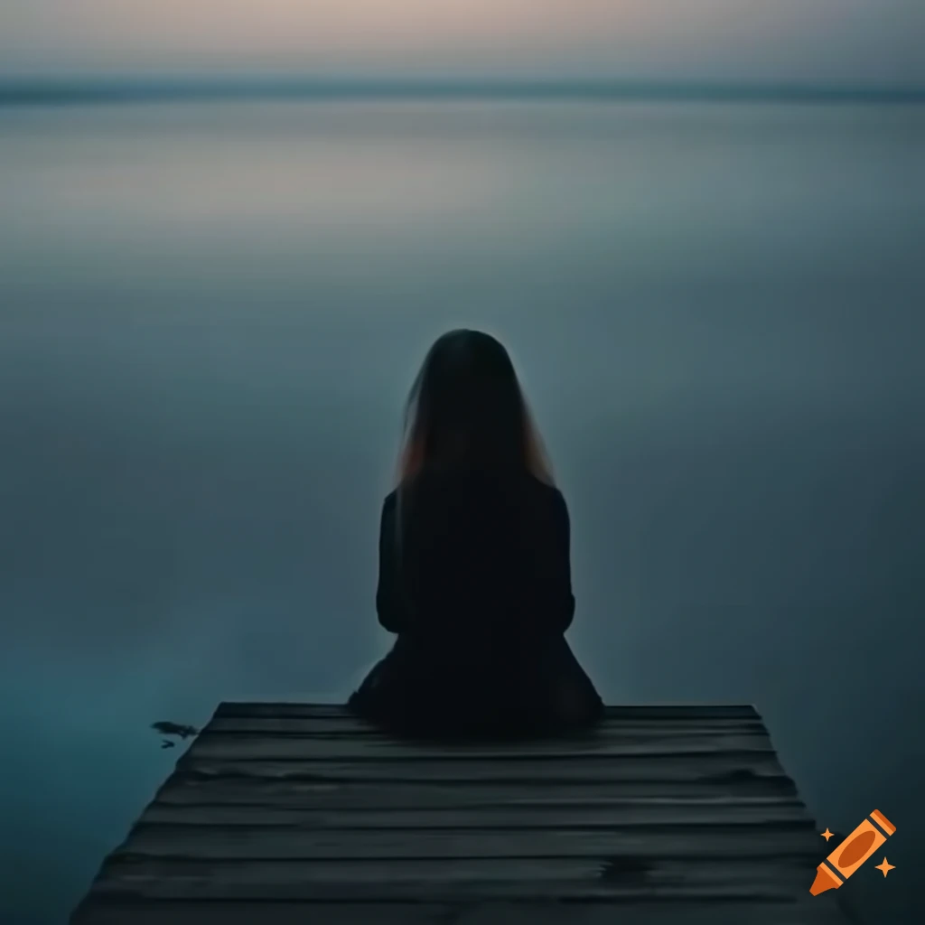 lonely woman sitting by the dark shore