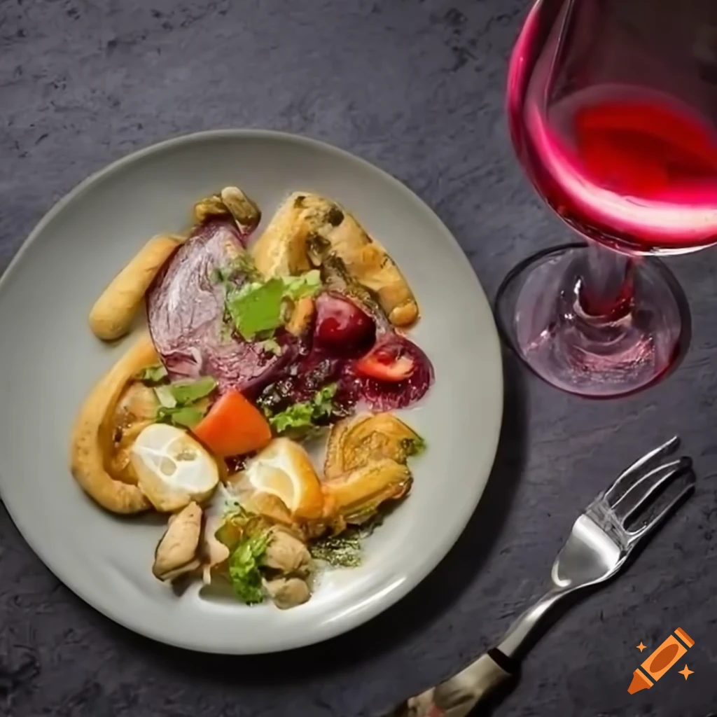 Delicious brassato dish with a glass of red wine on Craiyon