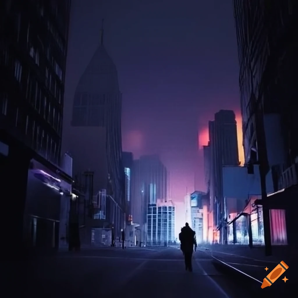 wide angle view of people walking in a cyberpunk city at night