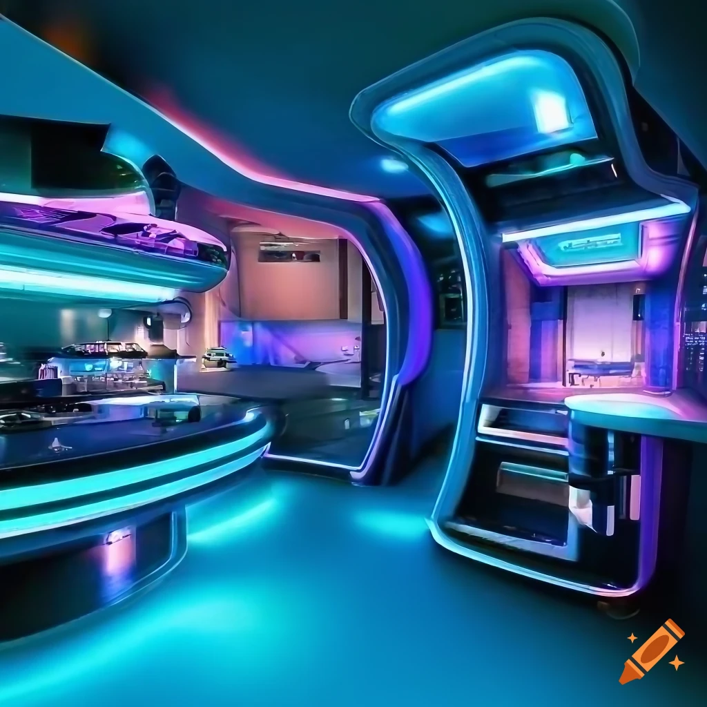 futuristic kitchen in a cosmic utopian city at night