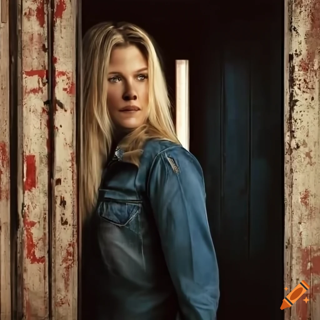blonde actress in denim jacket peeking through a building door