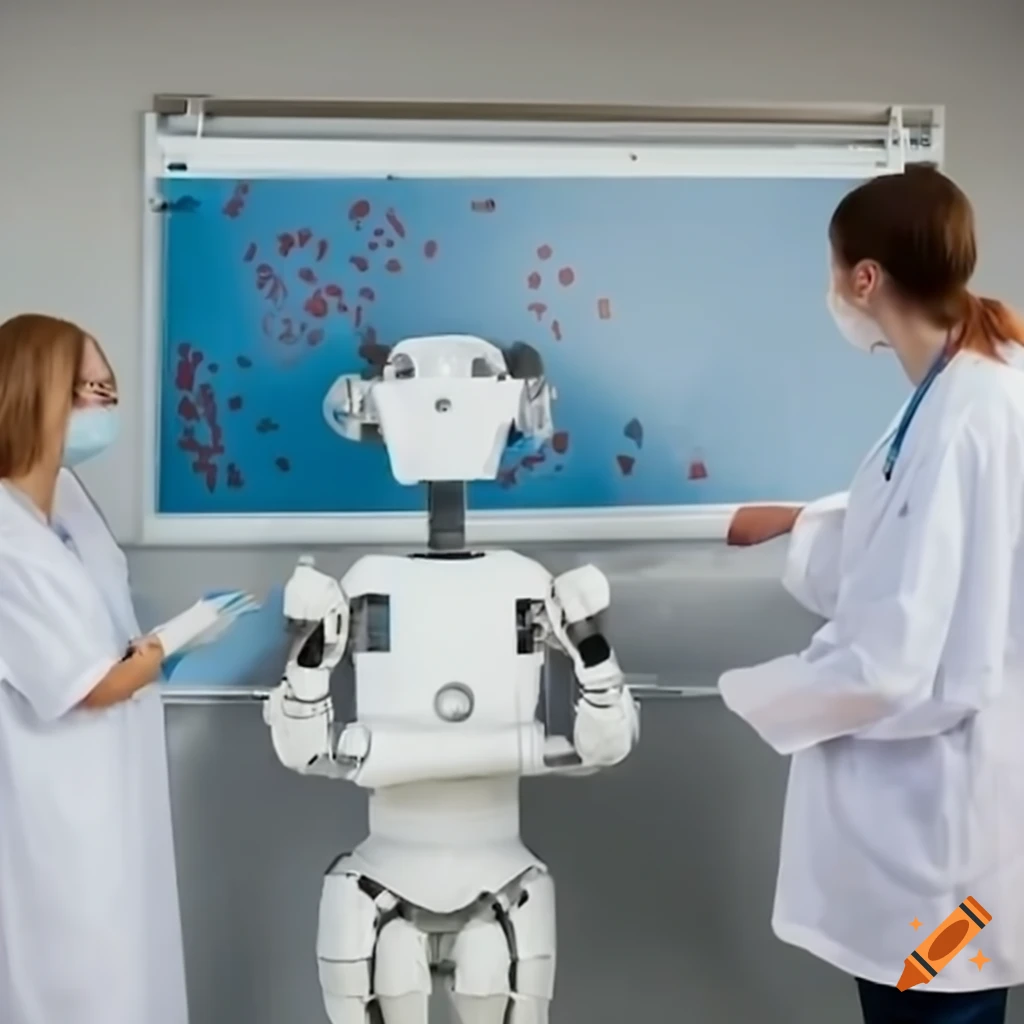 Doctors collaborating with a large robot in a medical setting