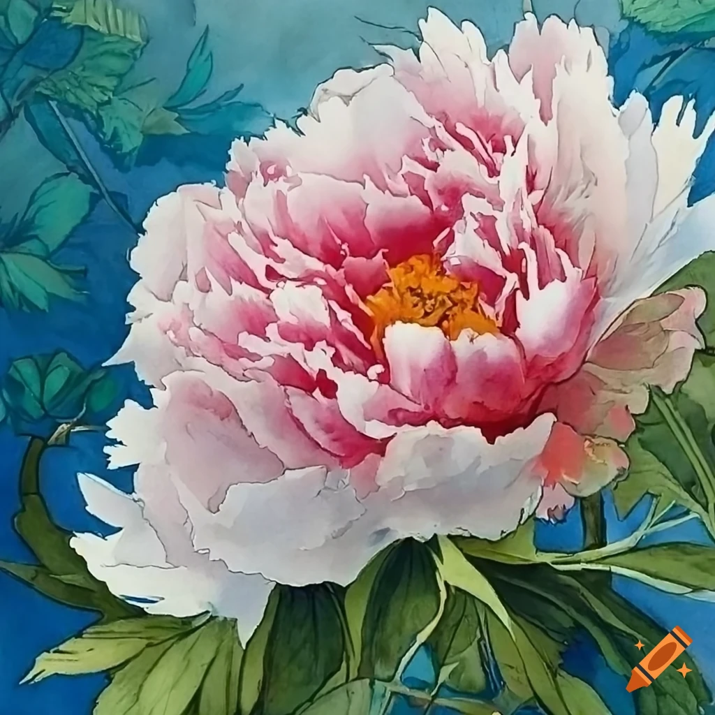 photorealistic watercolor of a peony on white backdrop