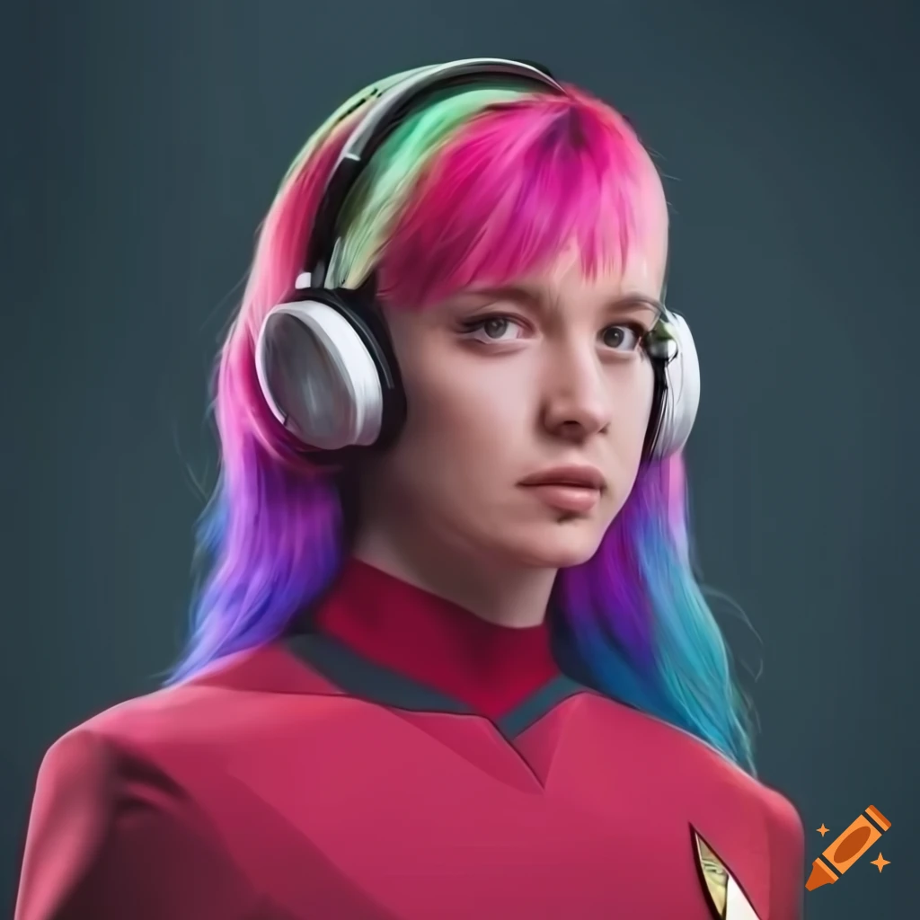 girl with bright hair in star trek uniform and headphones