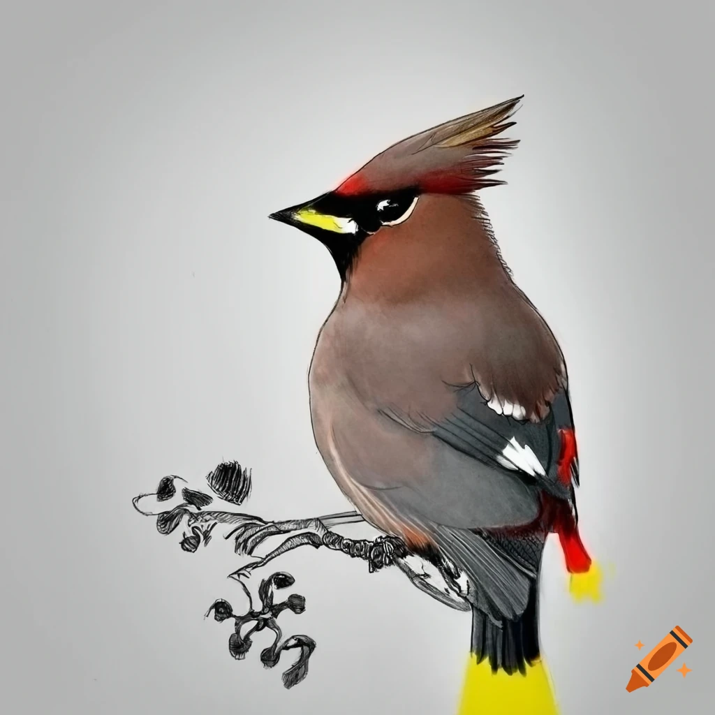 black and white drawing of a waxwing bird
