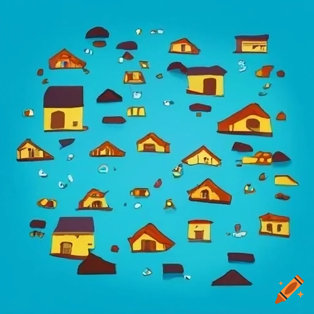 Cartoon map with scattered houses on Craiyon