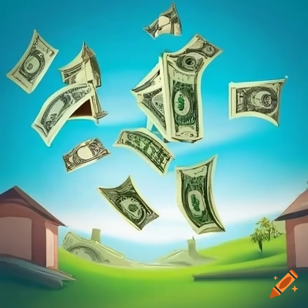 money flying in a village