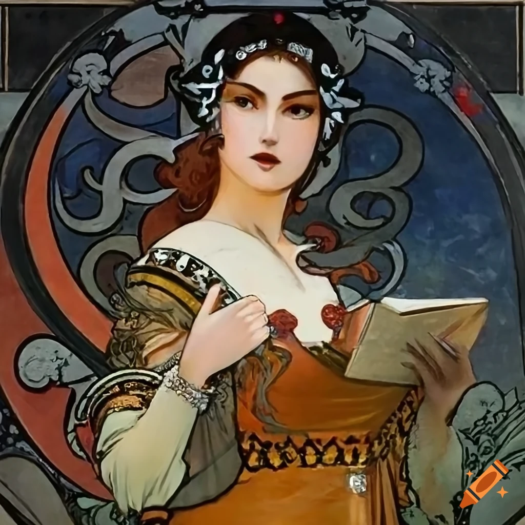 Mucha painting of a female vampire saint in spanish garb