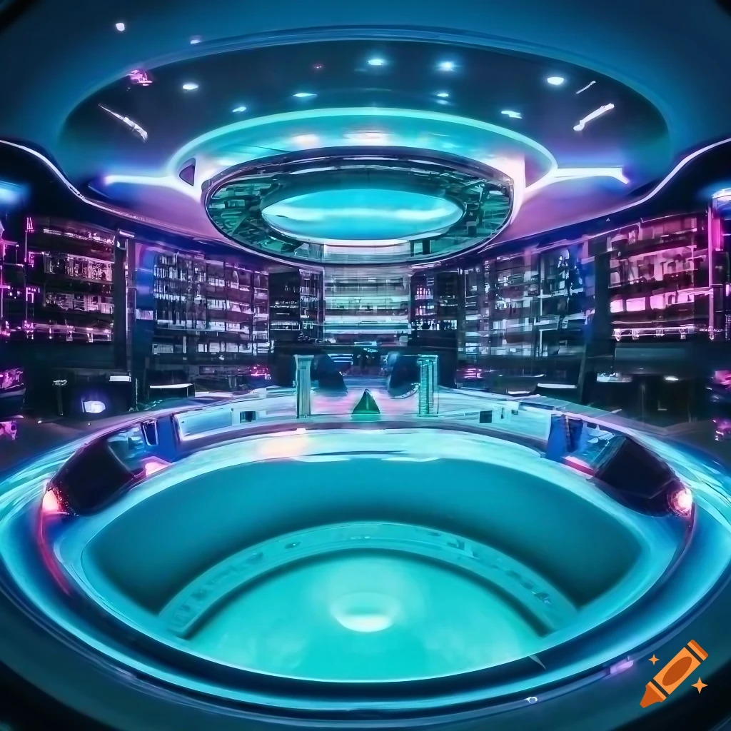 Photograph of a futuristic bath in a city at night