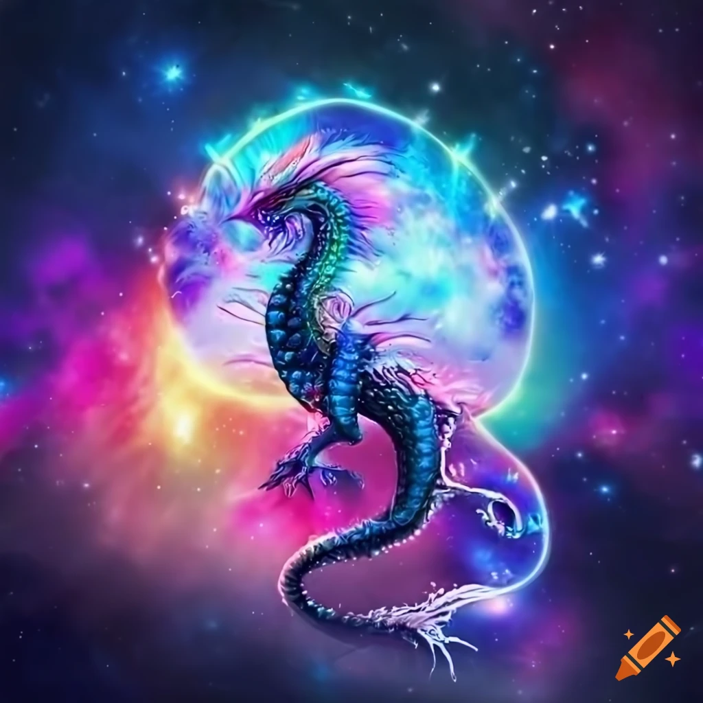 Intricate design of a rainbow space dragon