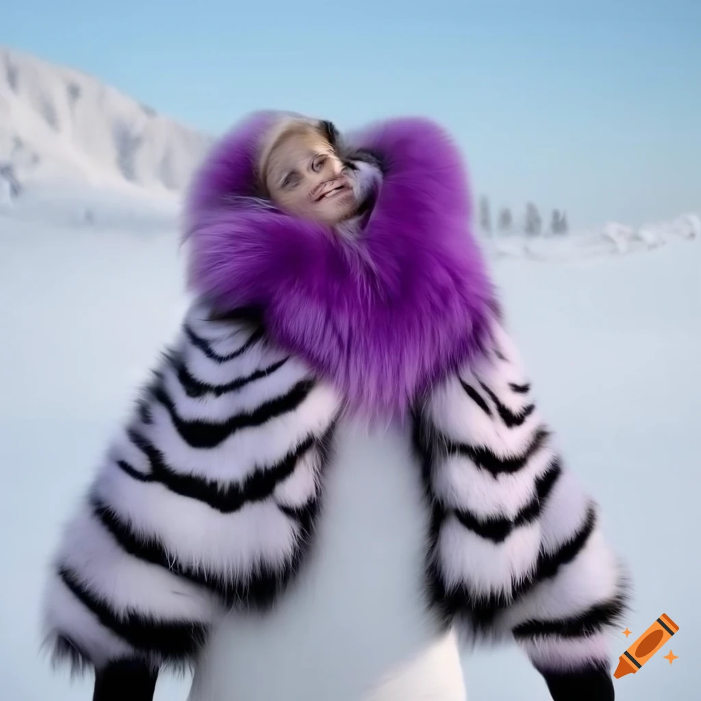 Purple zebra print fox fur snow suit on Craiyon