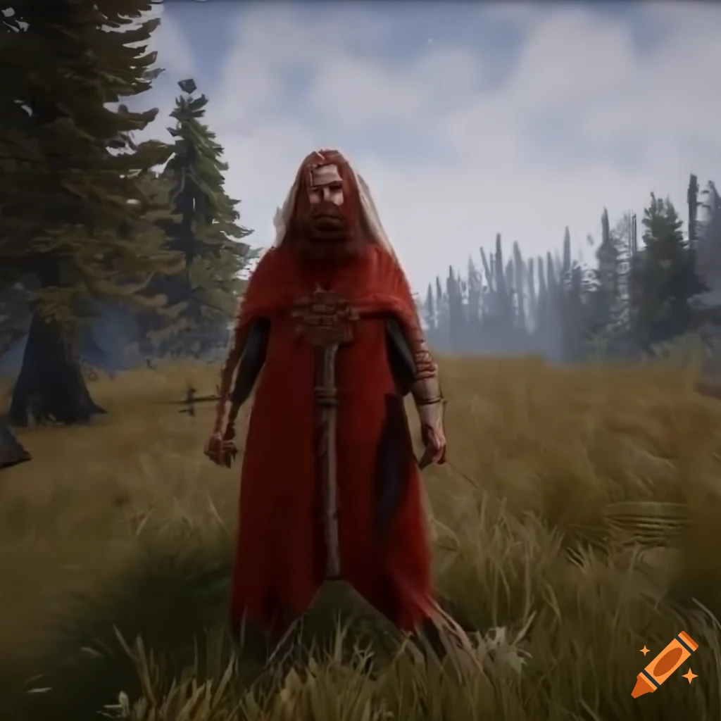Fantasy warrior with red hair in a snowy forest on Craiyon
