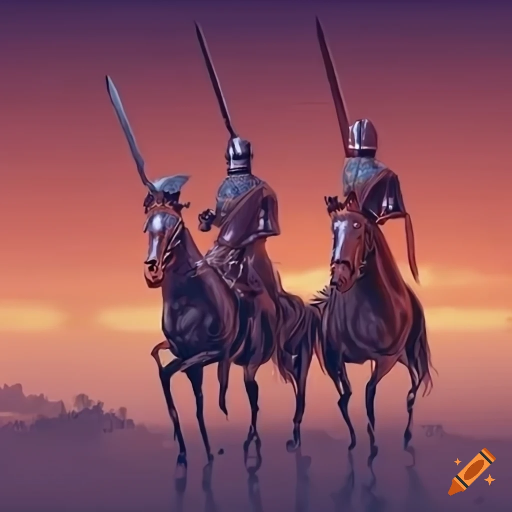 Knight Riding Two Horses 70s style artwork of knights riding horses at night on Craiyon