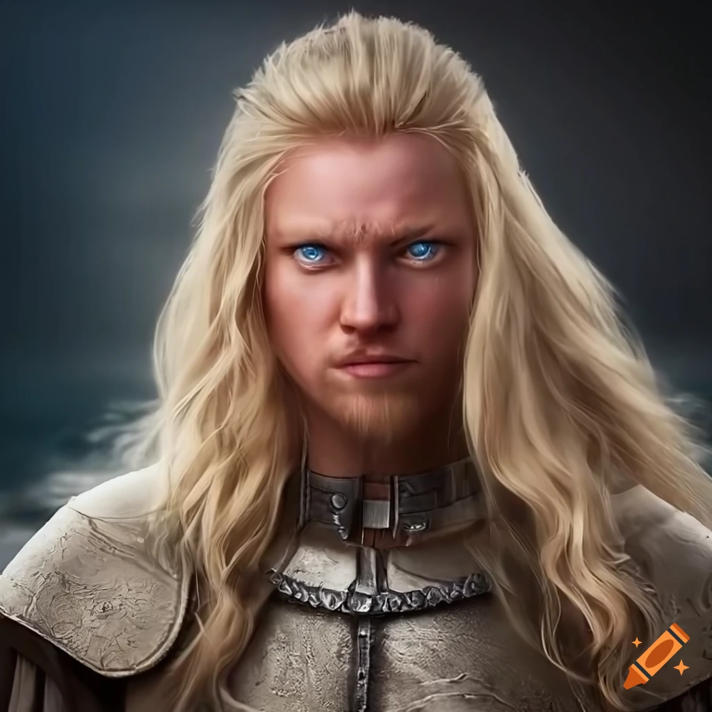 photorealistic image of a blonde Viking warrior overlooking the ocean at sunset