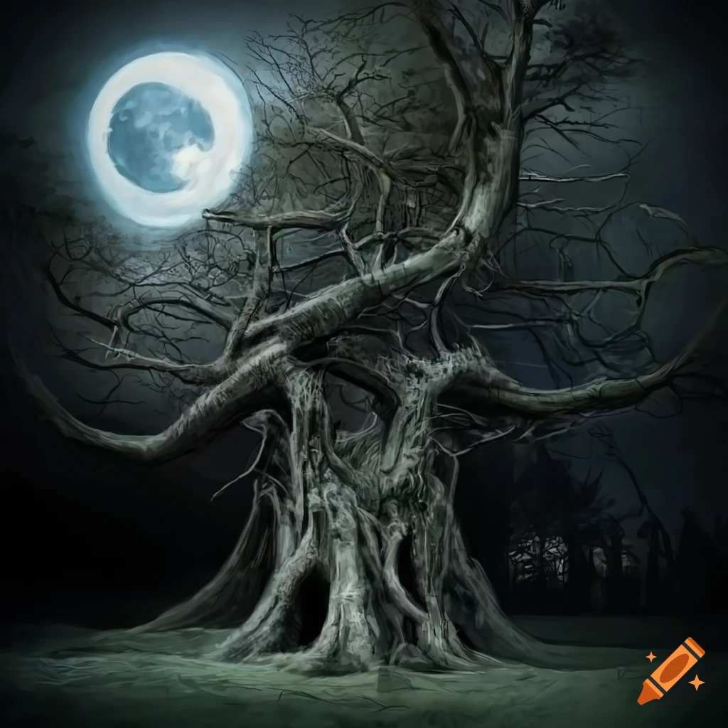 hyperrealistic artwork of stone tree-like structures in moonlight