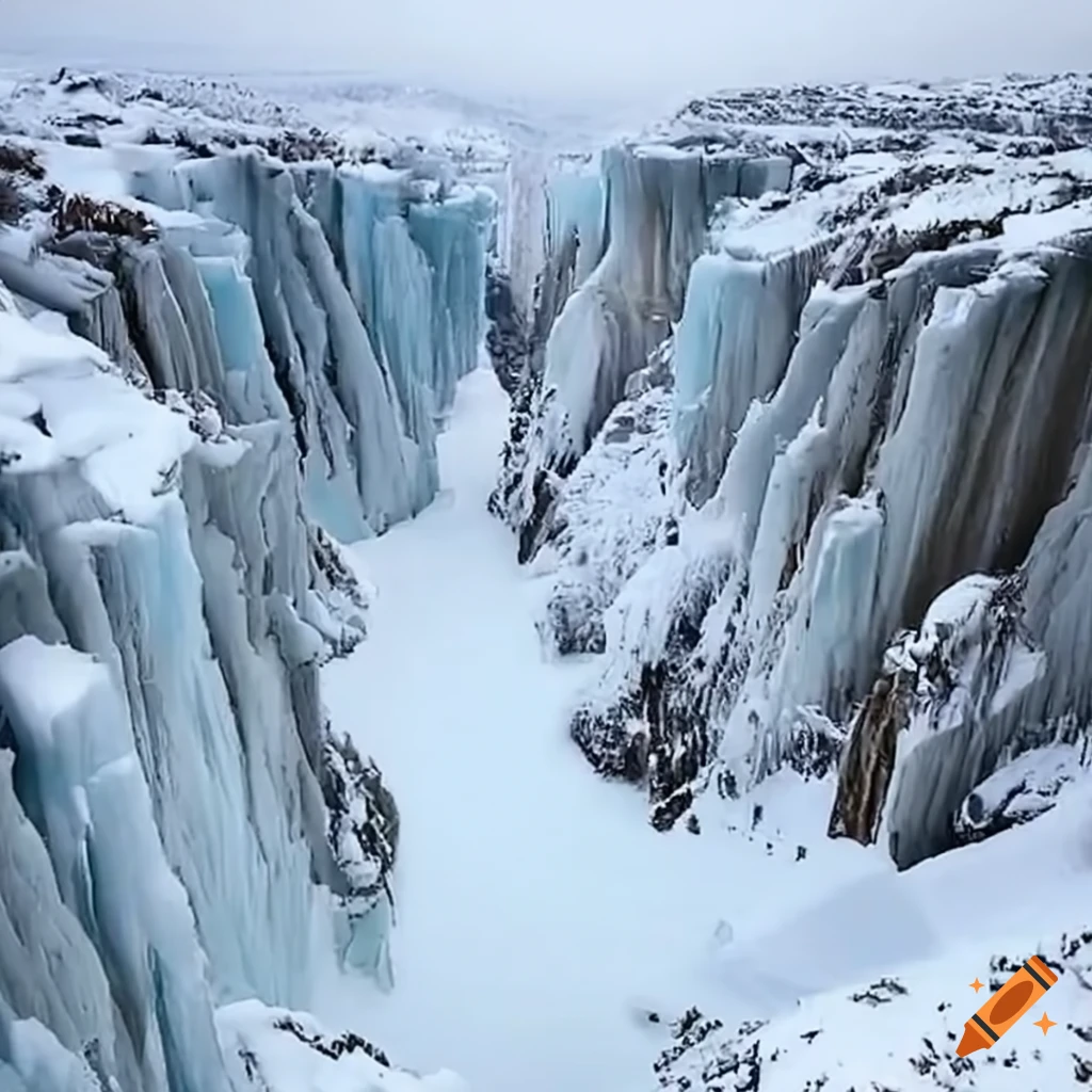 bird's-eye view of a blizzard in an ice canyon