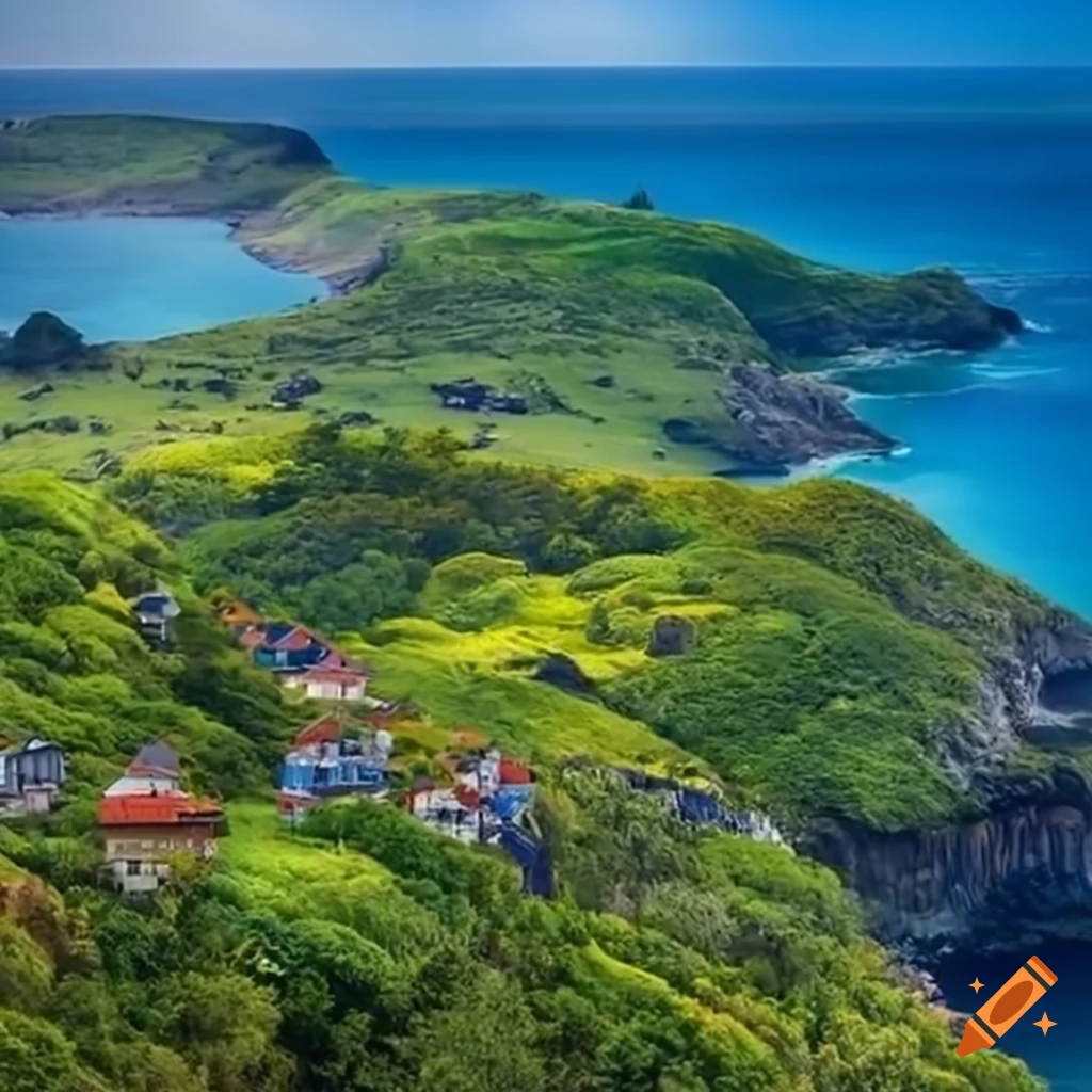 Scenic Coastal Village Surrounded By Hills And Sea On Craiyon