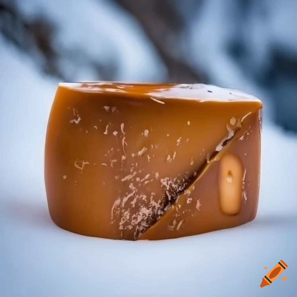 Caramel brown cheese gudbrandsdalen with snowy mountains in the ...