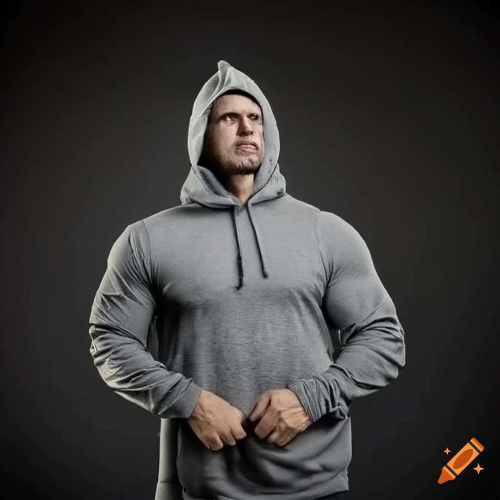Male bodybuilder wearing a grey hoodie on Craiyon