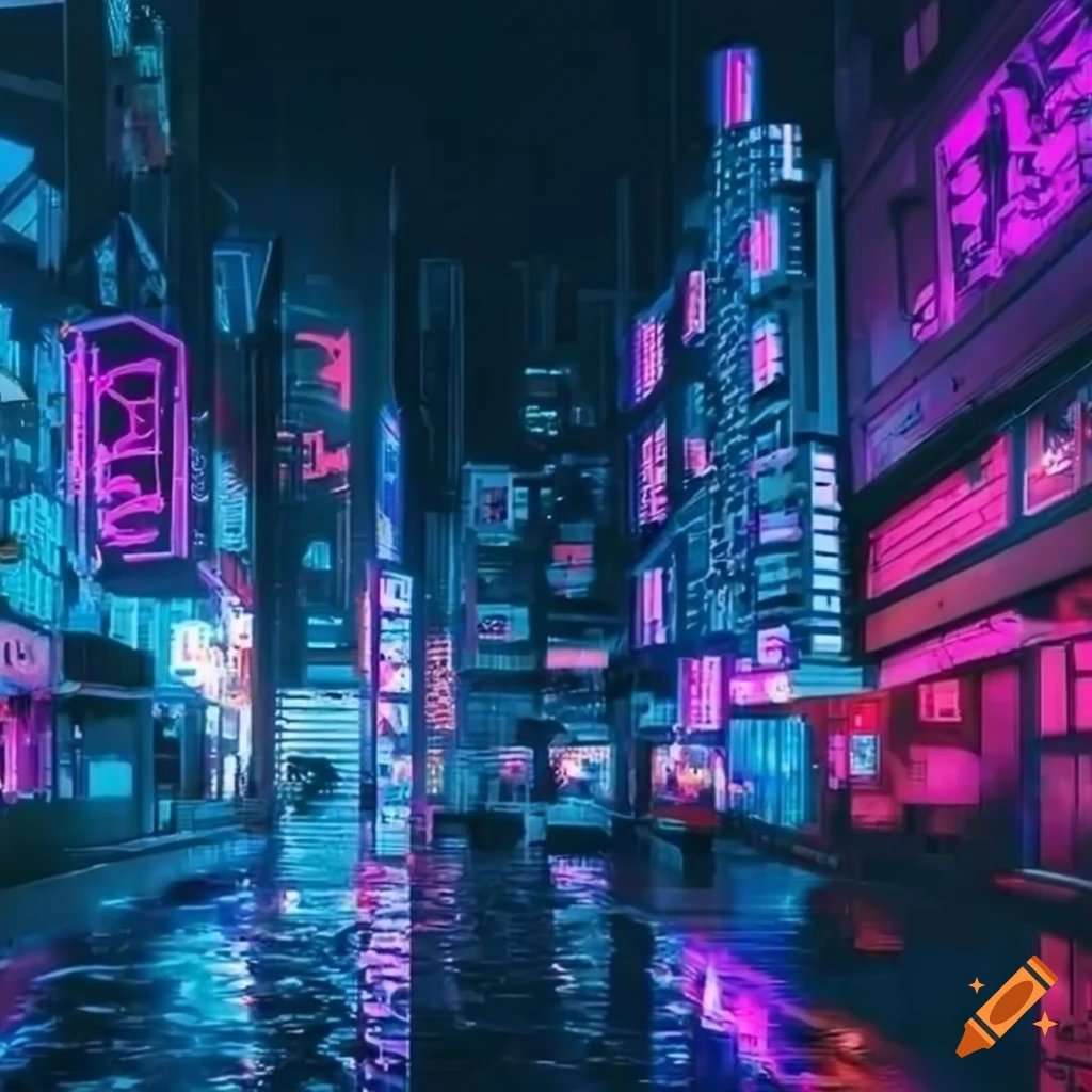 neon-lit city with Japanese text and modern buildings
