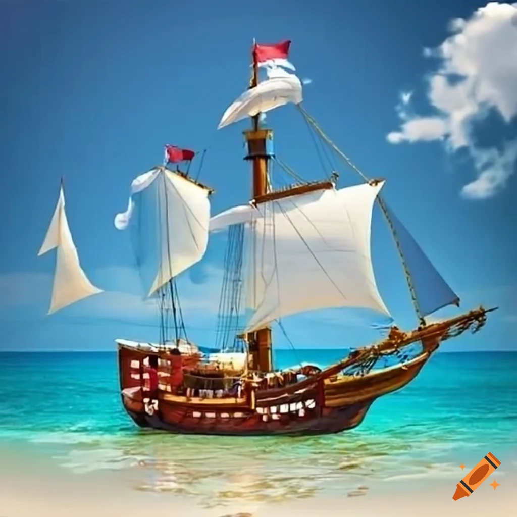 sparkling beach with a pirate ship and white sail