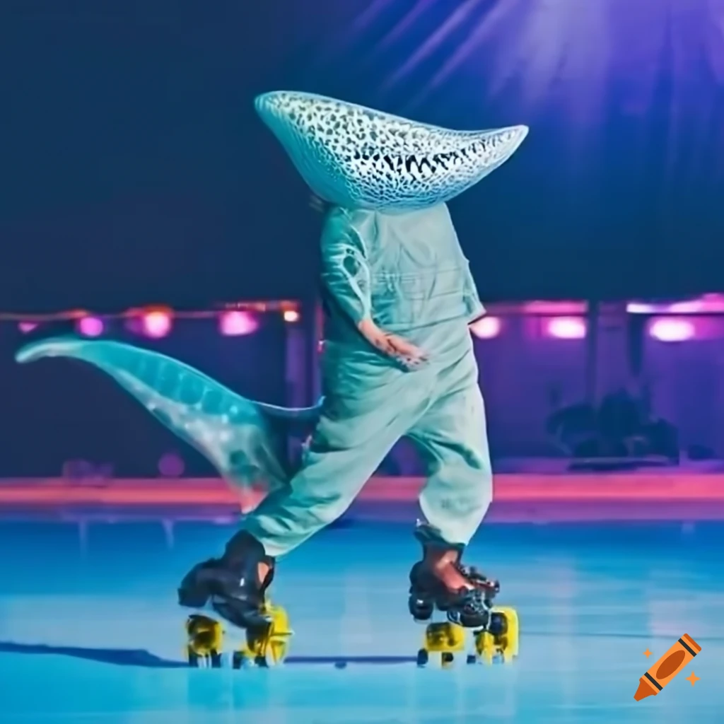 Man in a whale shark costume roller skating on Craiyon