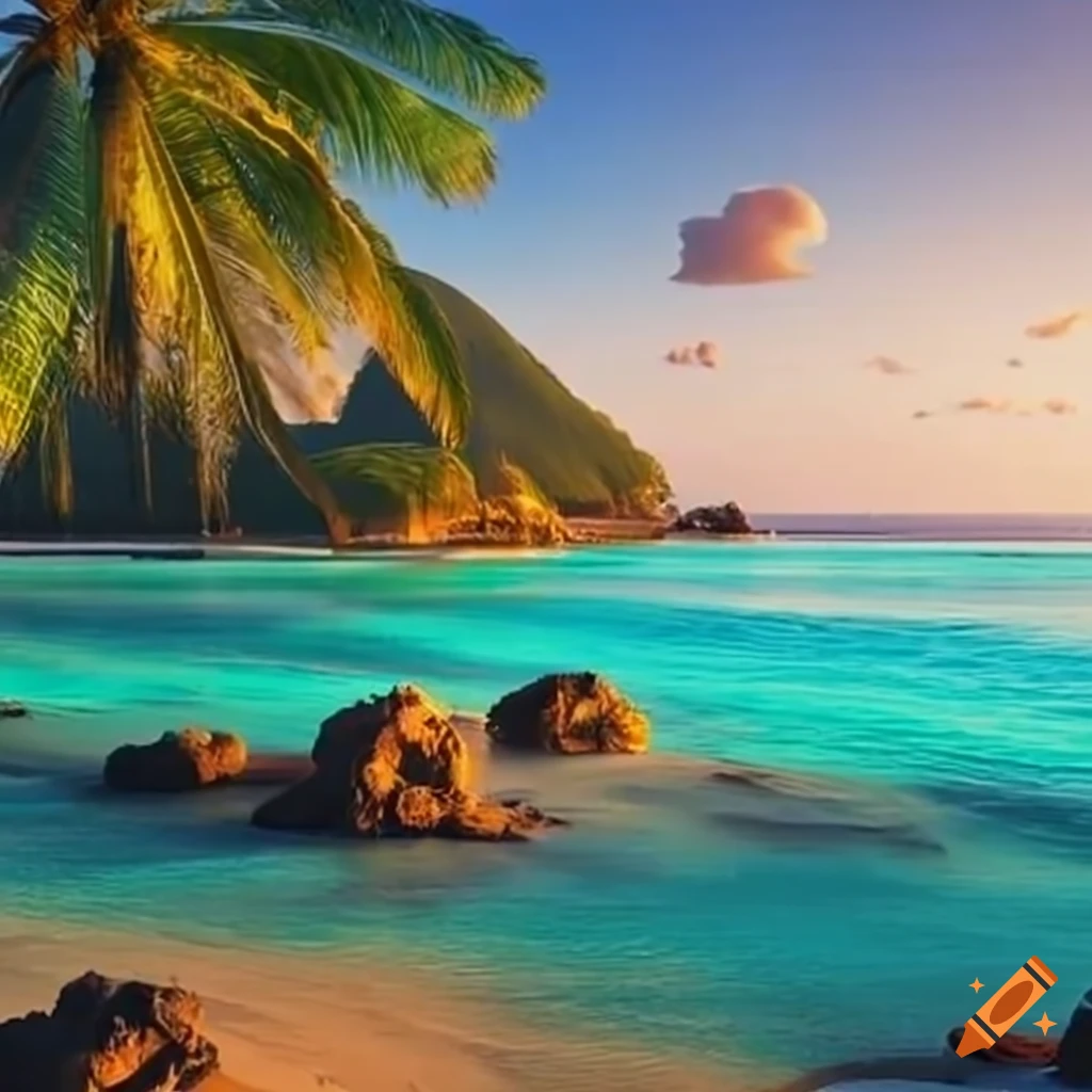 plage paradisiaque avec palmier et rocher