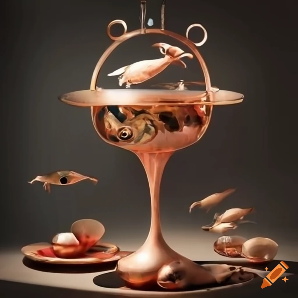 surrealist pastries on a table with wine glasses and goldfish in a wine glass
