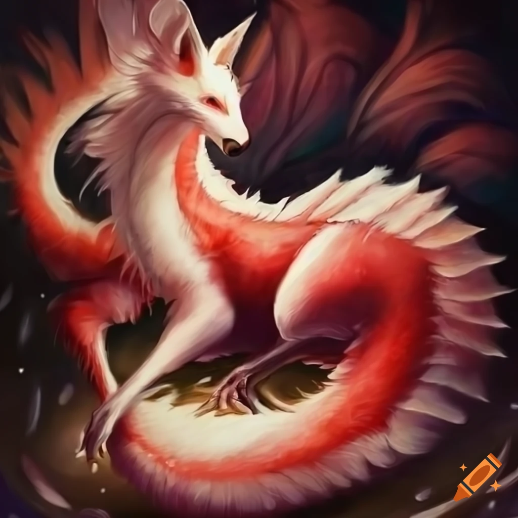 cute dragon and kitsune hybrid illustration