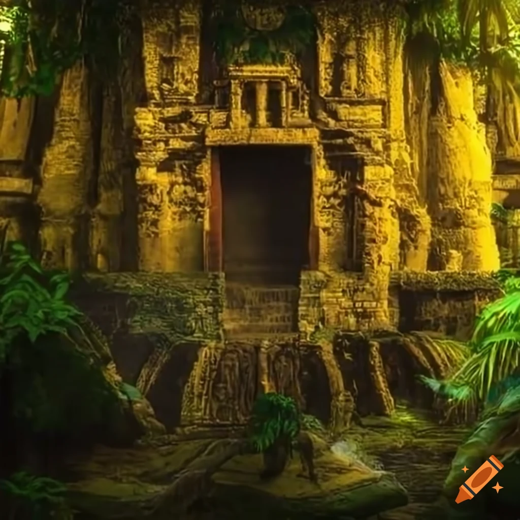 Image of a massive yellow aztec temple in the jungle on craiyon