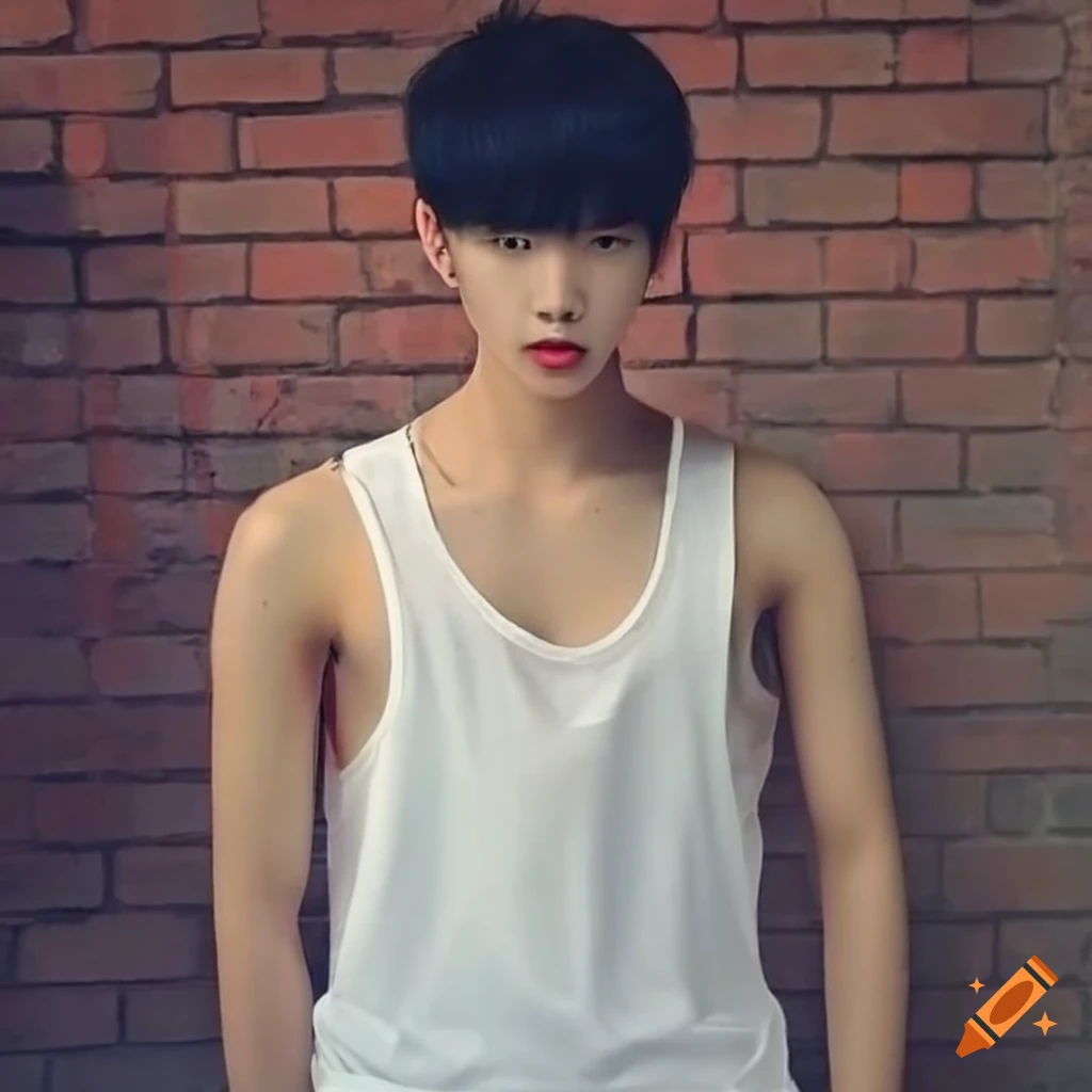 fashionable asian boy in a white singlet