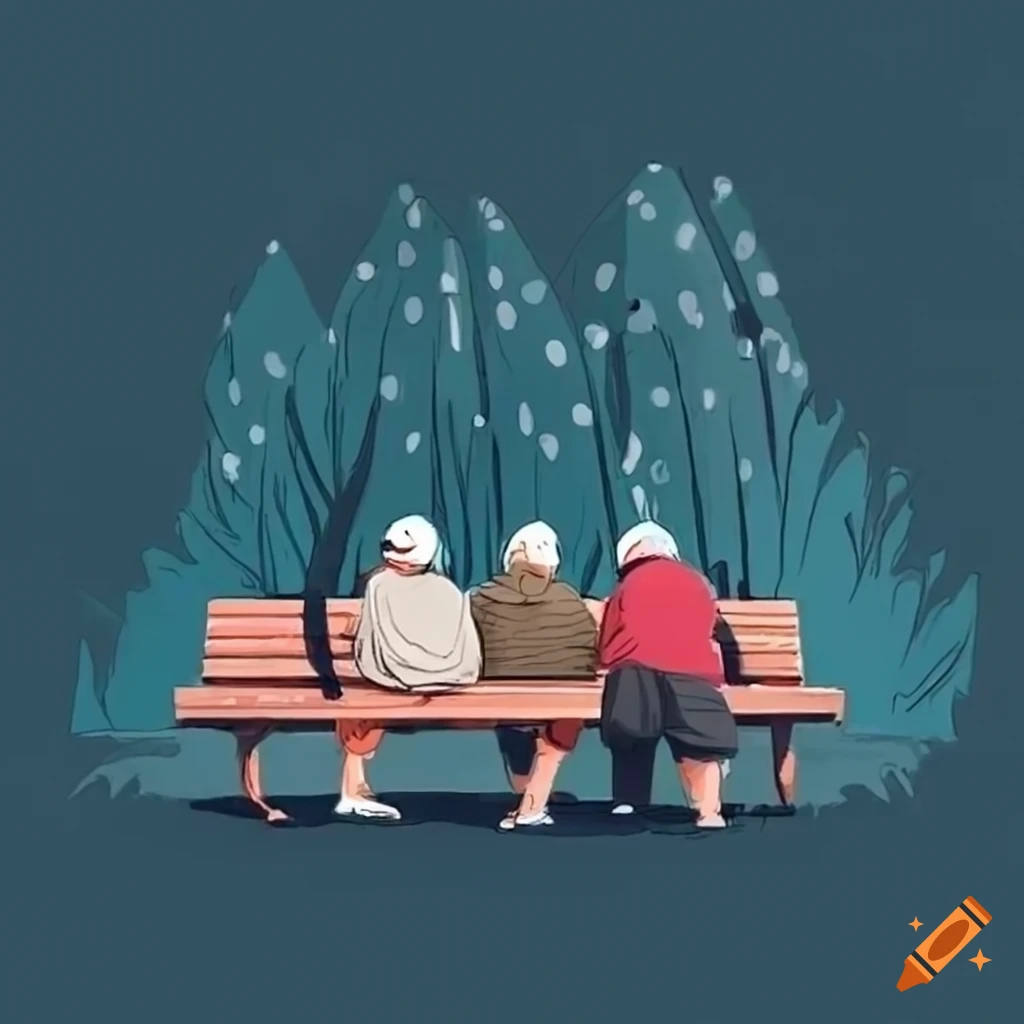 group of pensioners chatting on a bench at dusk