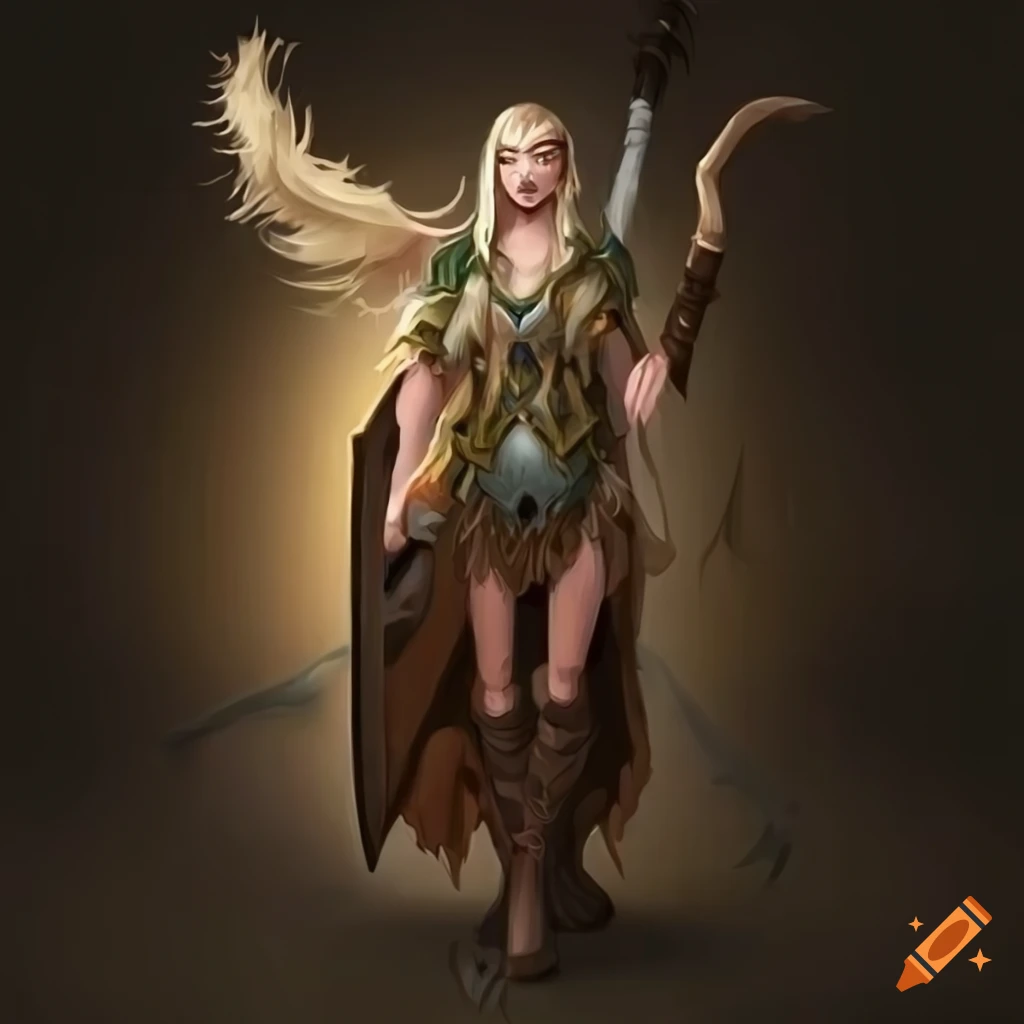 illustration of a blonde druid with a wooden shield and staff