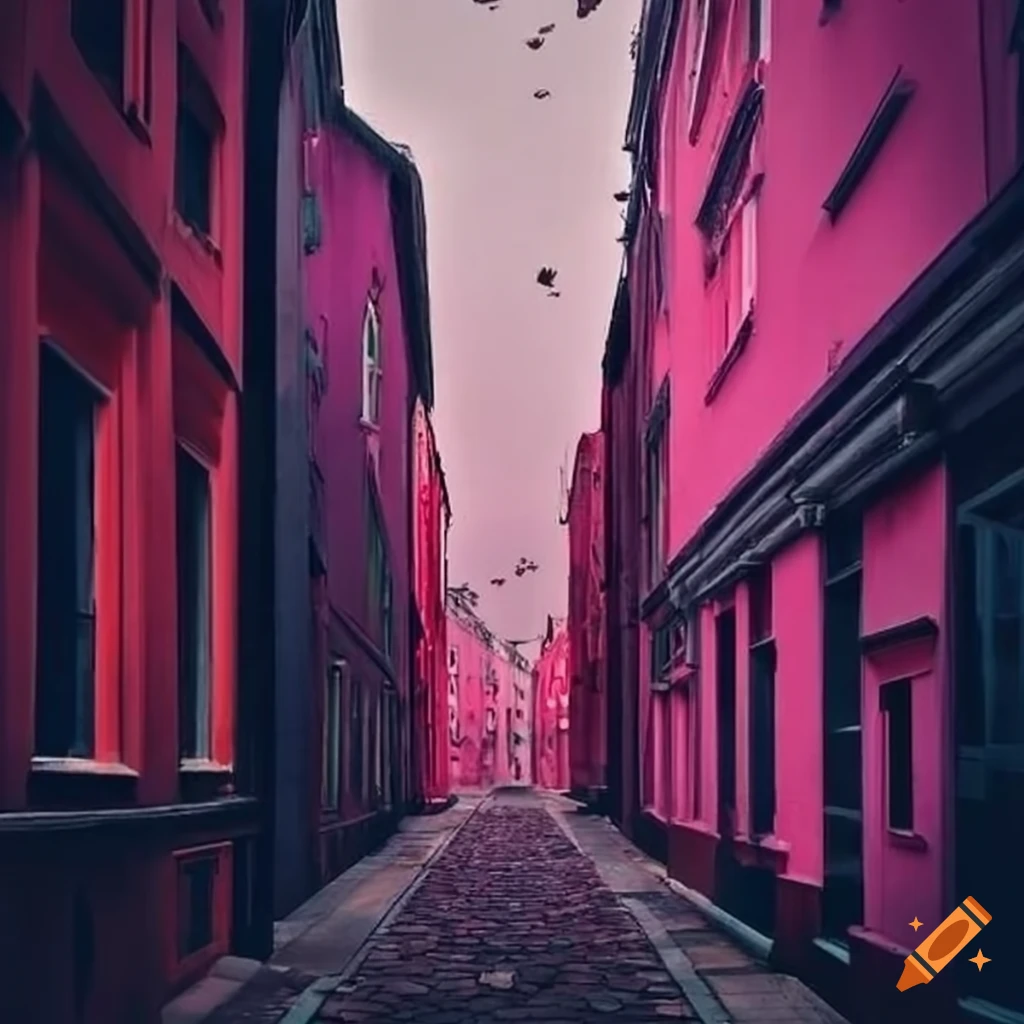 street with pink houses at night