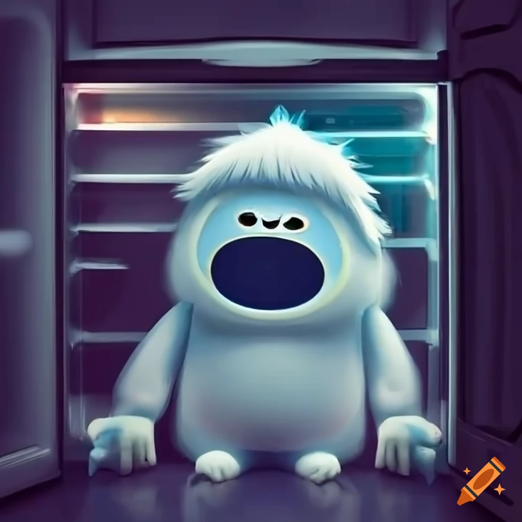 Smiling yeti relaxing inside a fridge