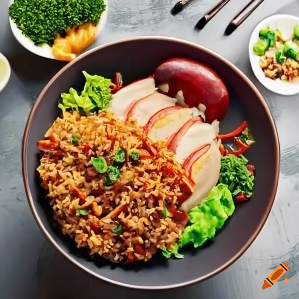 delicious fusion dish of fried rice and American burger ingredients