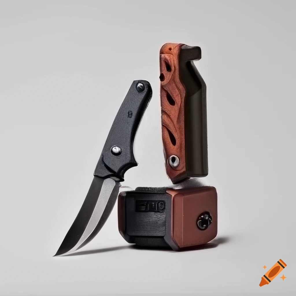 High resolution image of a folding knife and a sharpening blade on Craiyon