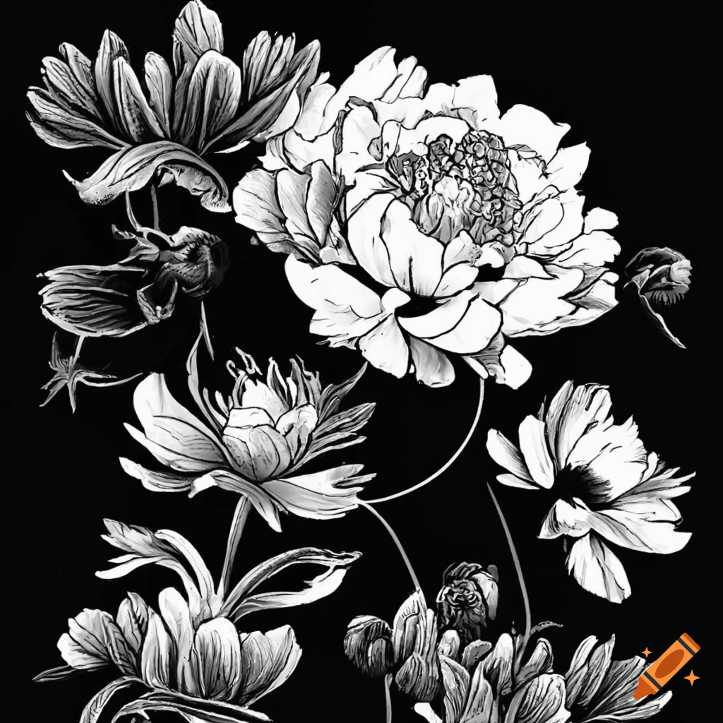 Minimalistic black and white peony flowers artwork on Craiyon