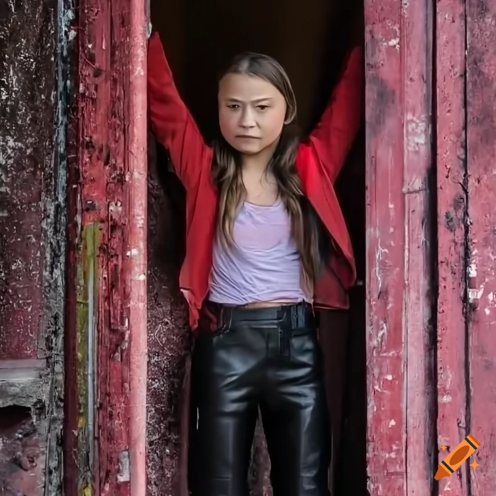 portrait of a person in red cropped t-shirt and black trousers peeking through a derelict building door