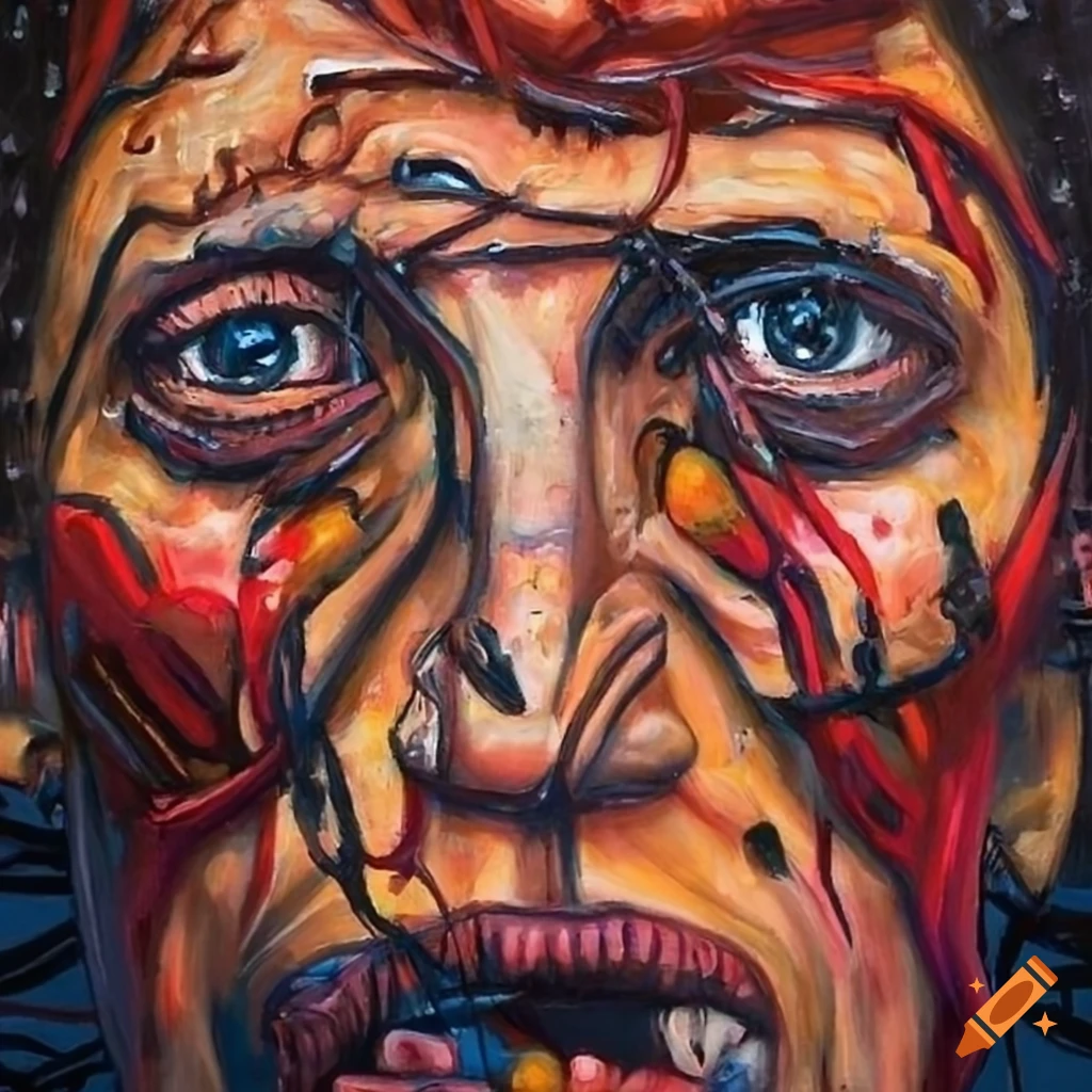 detailed painting of a crowd of punks in Drew Tucker's style
