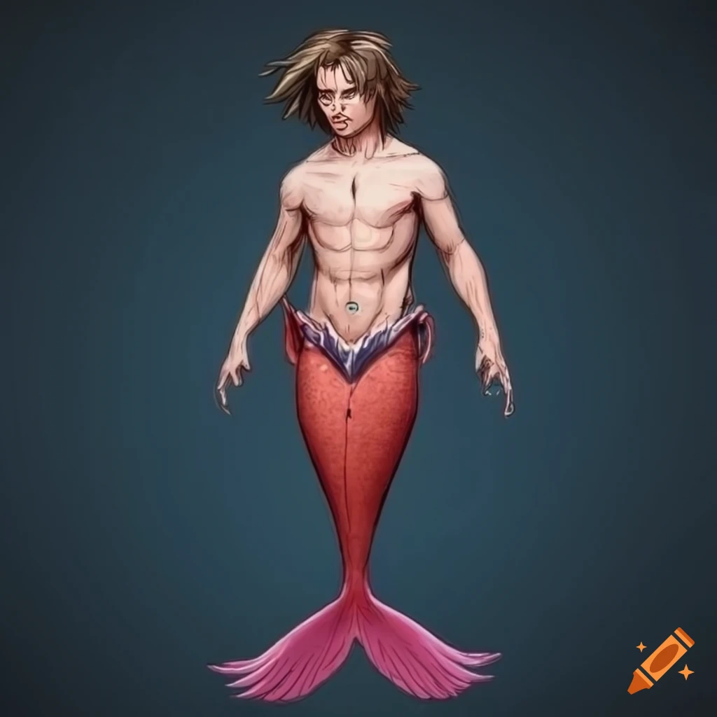Digital art of male sea mermaids with fish tails and wings on