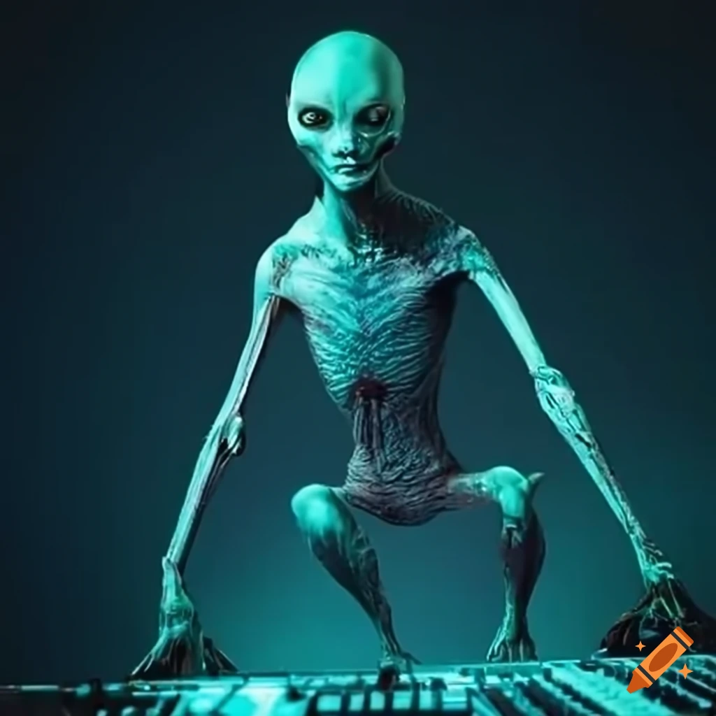 illustration of a alien playing a synthesizer