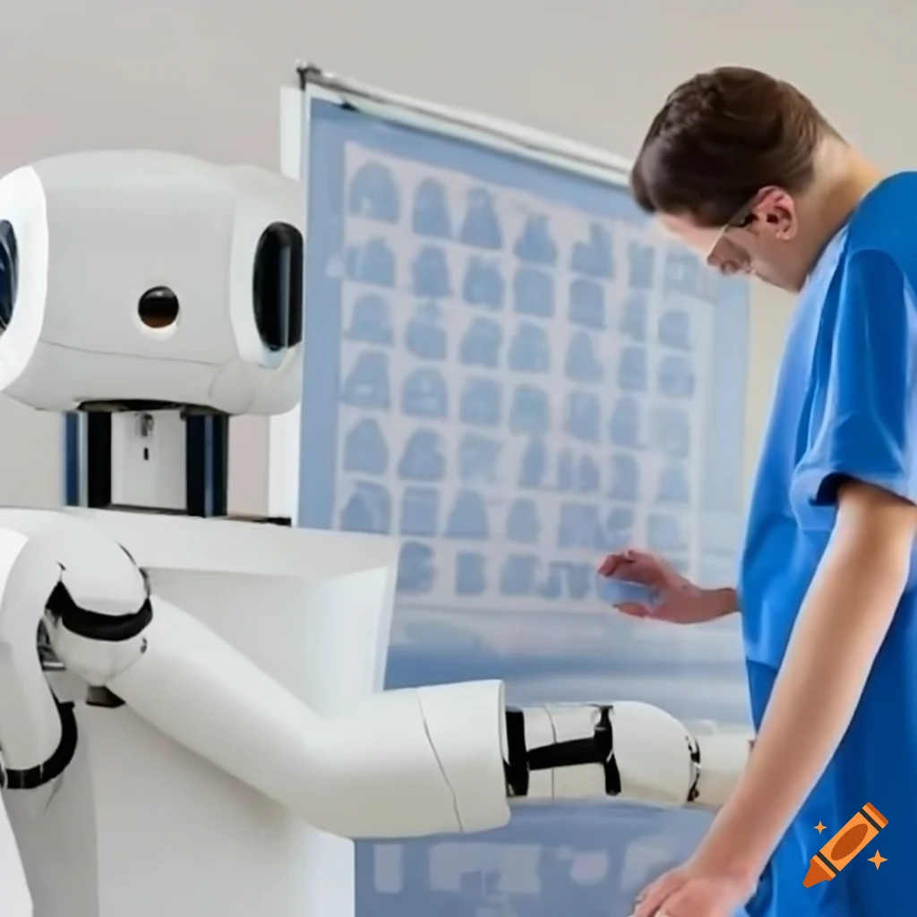 Doctors collaborating with a large robot in a medical setting