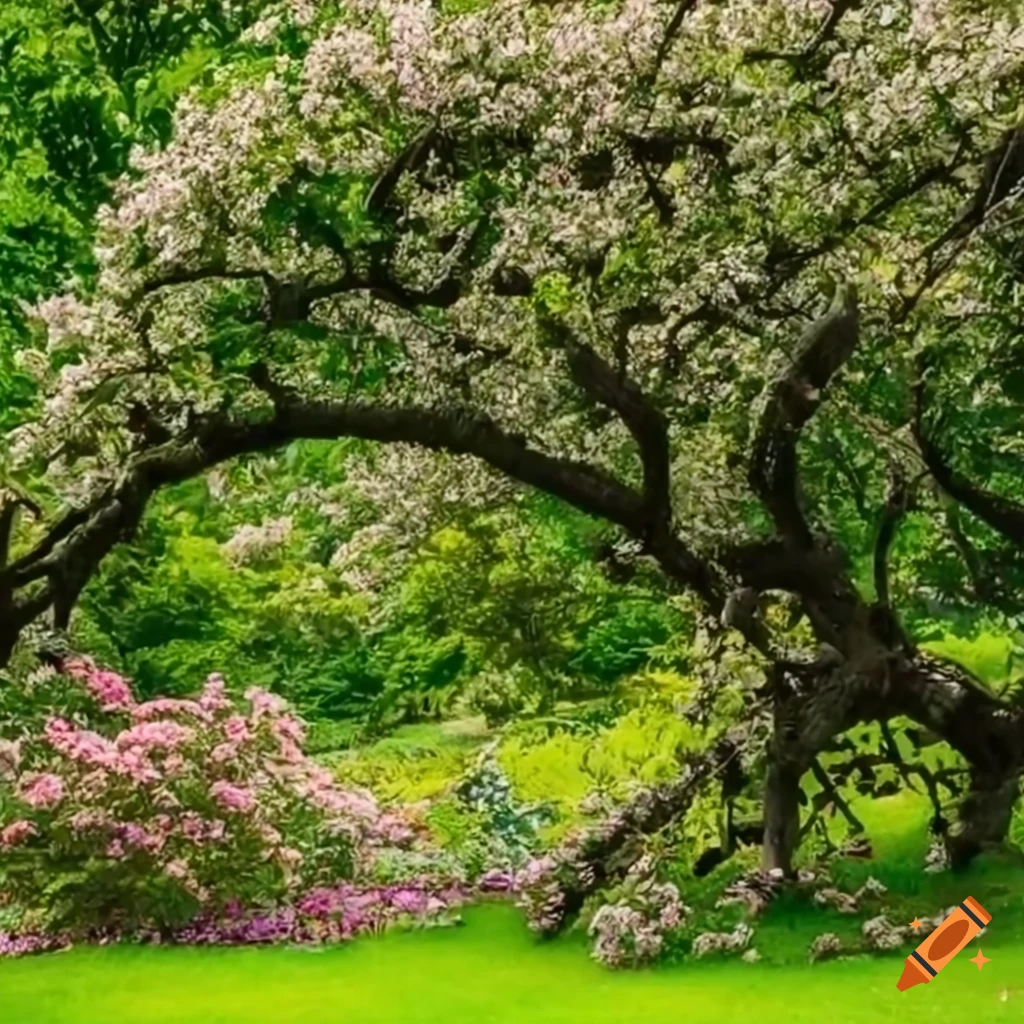 vibrant garden with blooming old flowers and lush apple tree