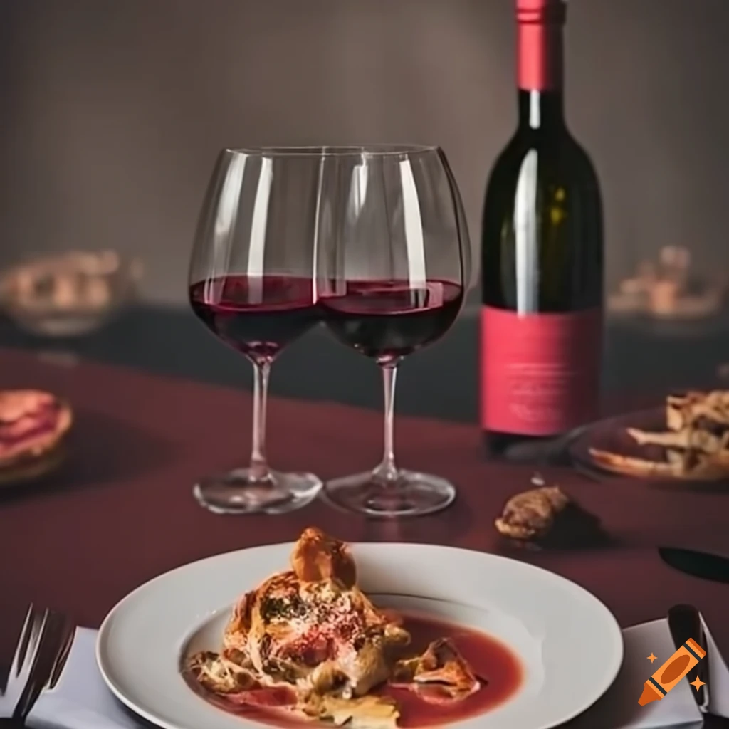 Luxurious italian meal with red wine on Craiyon