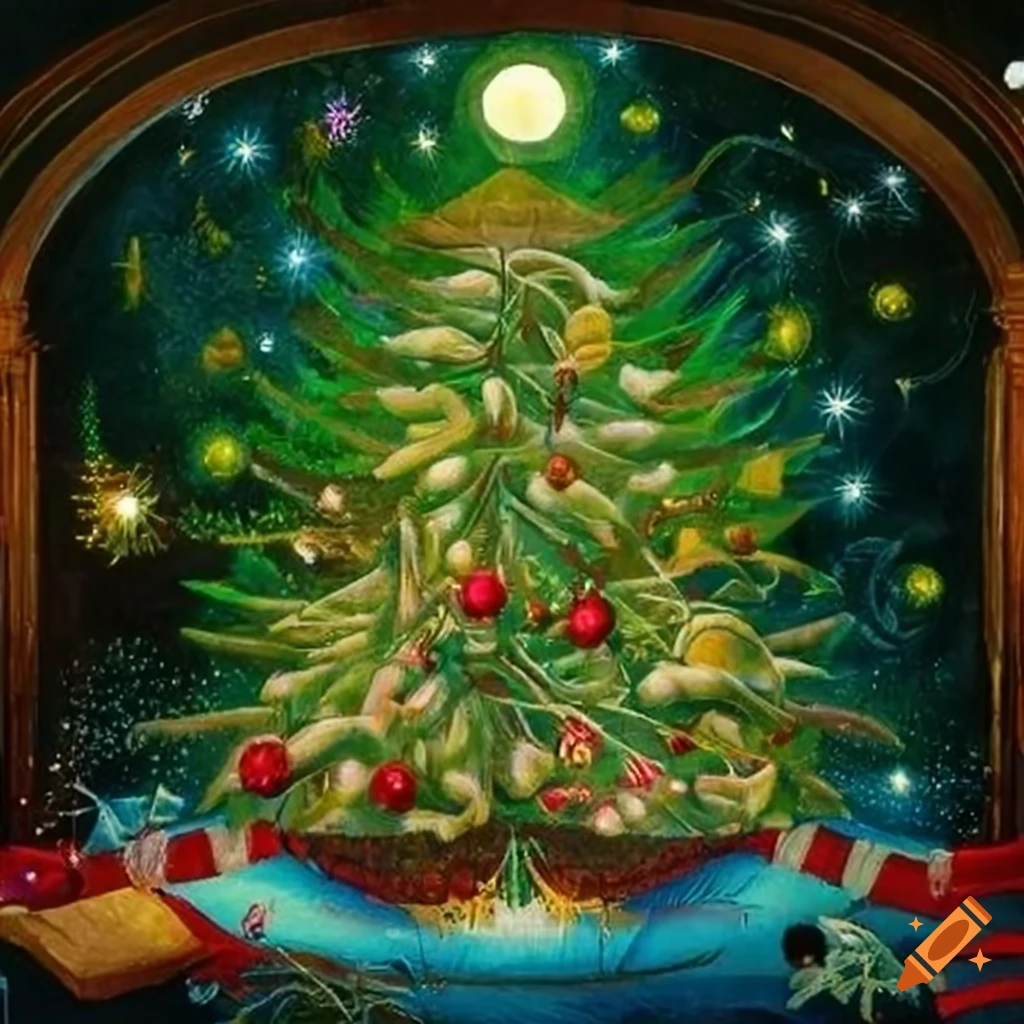 festive Paradise Winter Wonderland with decorated Christmas tree