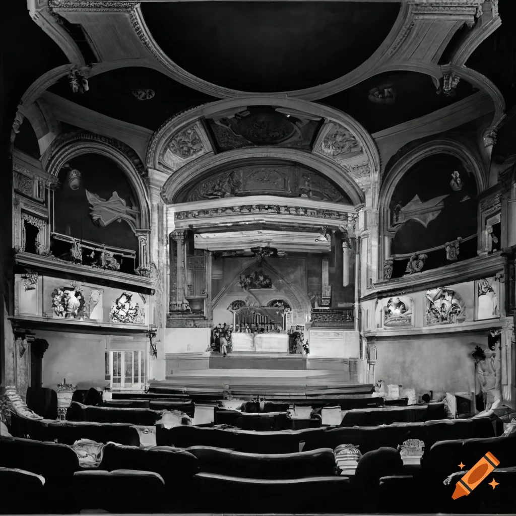 black and white photograph of an ornate theater interior