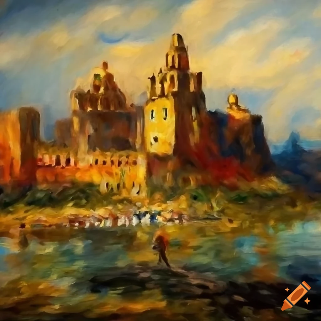 Oil painting of a mexican castle in renoir style