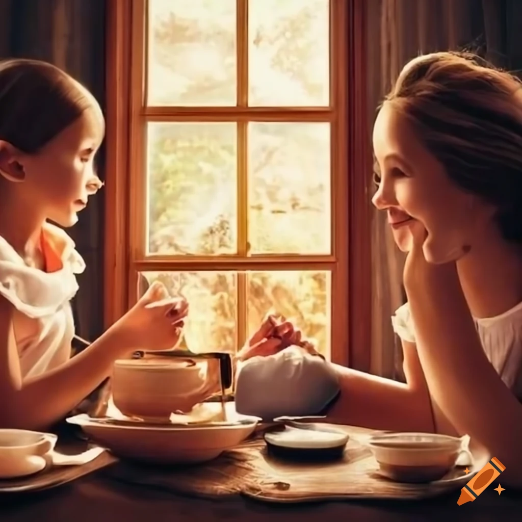 Cozy room with two girls talking by the fireplace on Craiyon