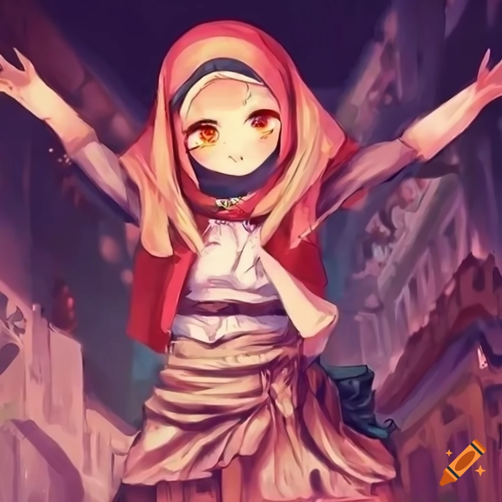 colorful hijab catgirl in a destroyed city